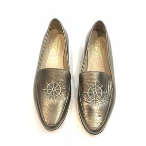 Benelli Size 6 Leather Metallic Gold Loafers Ship Embroidered Wheel Nautical
